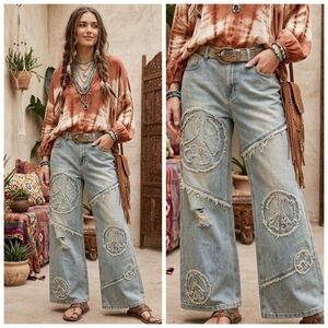 Blue Velvet Peace Patchwork Distressed Jeans